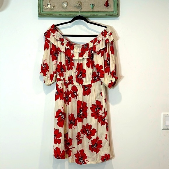 ba&sh Kiara red Floral Print Mini Dress off the shoulder women’s size large - Picture 1 of 9